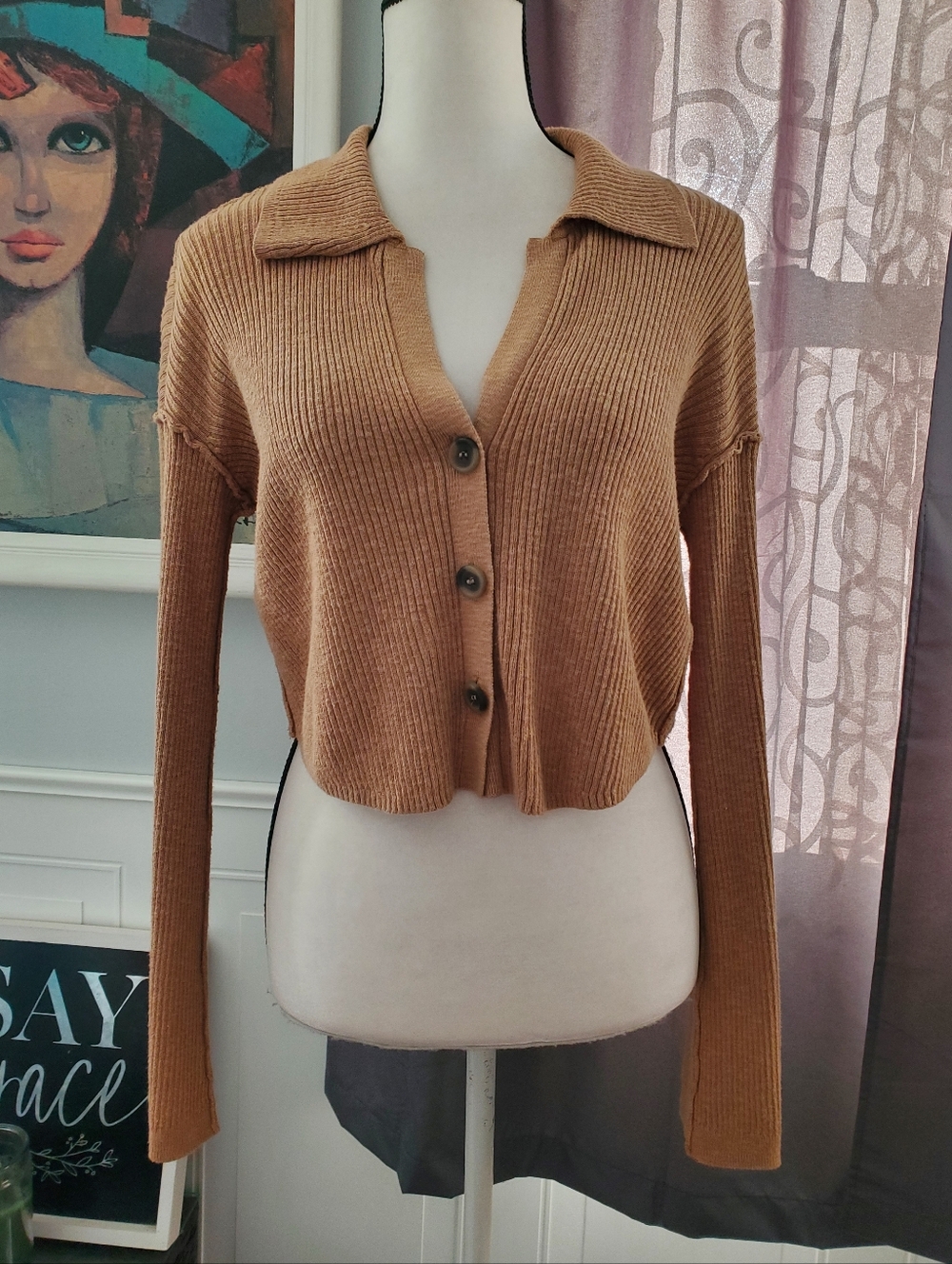 FREE PEOPLE Ella Oversized Linen Blend Ribbed Collared Cropped Cardigan XS